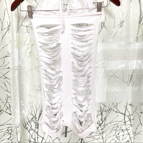 White ripped slit halter v neck mini dress - Picture 6 of 7